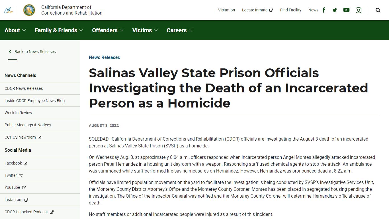 Salinas Valley State Prison Officials Investigating the Death of an ...